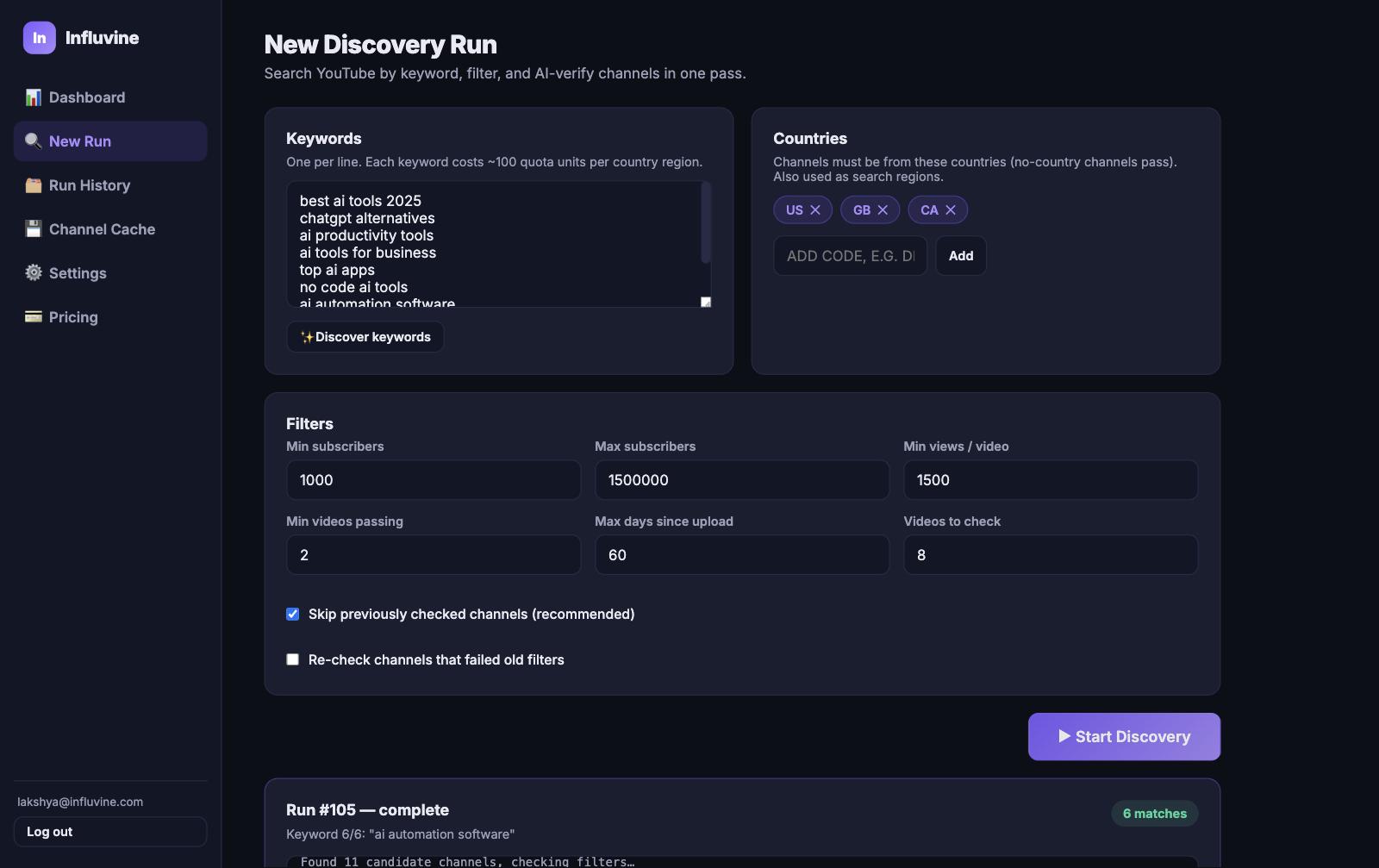 Influvine keyword discovery panel generating core and expand keyword suggestions